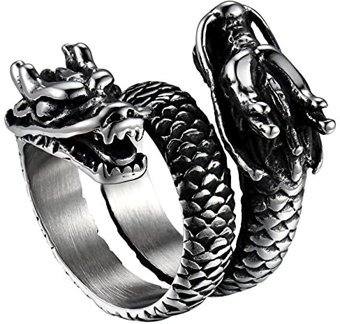 JewelryWe Schmuck Herren-Ring Drachen Edelstahl Drachenkörper Eröffnung Ringe mit Gravur Silber Hip hop Punk Größer 64