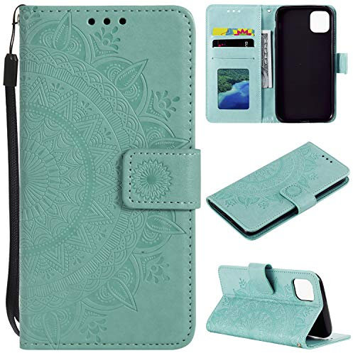 EYZUTAK Case for iPhone 11 6.1 inch, Premium Leather Flip Wallet Case with Card Slots Holder Kickstand Hand Strap Mandala Half Flower Design Embossed Shockproof Cover Case - Green