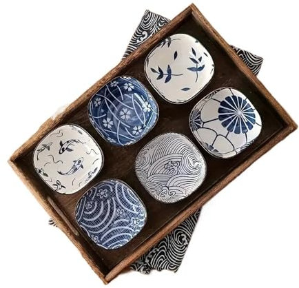 YETONADO 6 cuencos de cerámica azul vintage estilo japonés, platos de aperitivo, gruesos, aptos para lavavajillas, platos pequeños