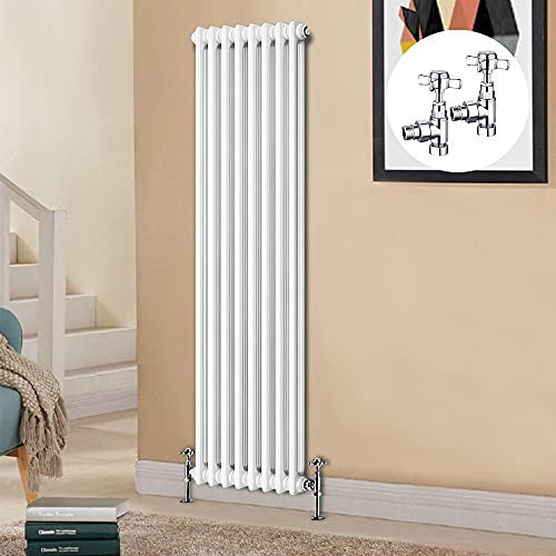 Blümme Cast Iron Radiator Traditional Vertical 2 Column Central Heating Radiators White 1800 x 380mm with Angled Pair of Valves