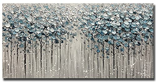Yotree Gemälde, 61 x 122 cm, 3D-Ölgemälde auf Leinwand, blauer Wald, schwere Textur, Acrylgemälde, Wandkunst, Wanddekoration, Holz im Inneren, gerahmt, aufhängfertig, Bilder