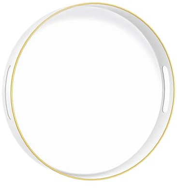 MAONAME White Decorative Tray for Coffee Table, Modern Round Serving Tray with Handles, 13 Plastic Tea Tray for Ottoman, Bathroom Decor