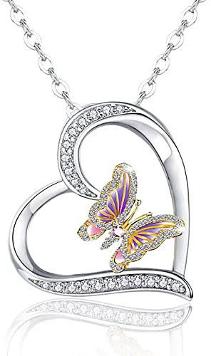 Dishowme Papillon éléphant pendentif collier cristal Rose fleur croix collier chaîne bijoux pour femmes filles adolescents (Papillon)