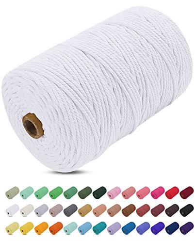 Uiopa Hilo Macrame 3mm x 200m, Cuerda Macrame Gruesa Cuerda de Algodon Natural, Cordel Colores Hilo de Algodón para Manualidades, Macrame Pared, Cortinas, Colgar Plantas, Colgar Fotos (Blanco)