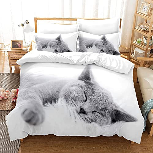 HSGLGNA Katze Bettwäsche Set 135 x 200 cm, 3D Katzenmotiv Mikrofaser Bettwäsche-Sets 3teilig mit Reißverschluss, 100% Baumwolle, mit Bettbezug und Kissenbezug (Katze-5, 135 x 200 cm)