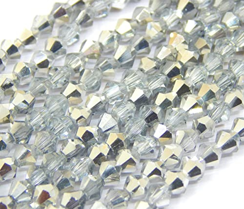 Perlin Böhmische Kristallperlen Doppelkegel Tschechische Perlen Glasschliffperlen 4mm Glasperlen 90 Stück Bicone Beads (Kristall Silber)