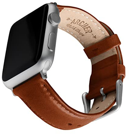 Archer Watch Straps - Correas de Reloj de Cuero de Grano Superior para Apple Watch (Coñac/Costura a Juego, Plata, 40/41/42mm)