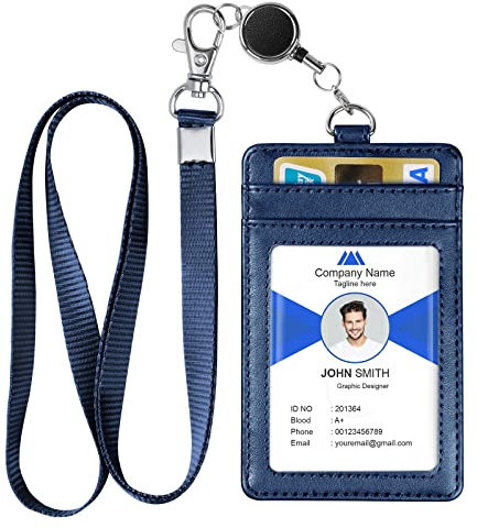 OFFCUP Porte Badge en Cuir PU, Porte-Badge avec 4 Emplacements pour Carte et Fenêtre Transparente Tour de Cou, Cordon Rétractable pour Le Travail L'école Bleu