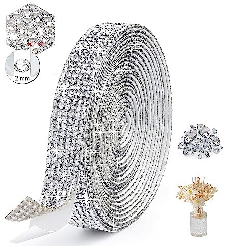 3 Yards Selbstklebendes Kristall-Strass-Diamantband Mit 2 mm Strass, für Hochzeit, Geburtstag, Dekoration, Kunsthandwerk (Silber, 6 Reihen)