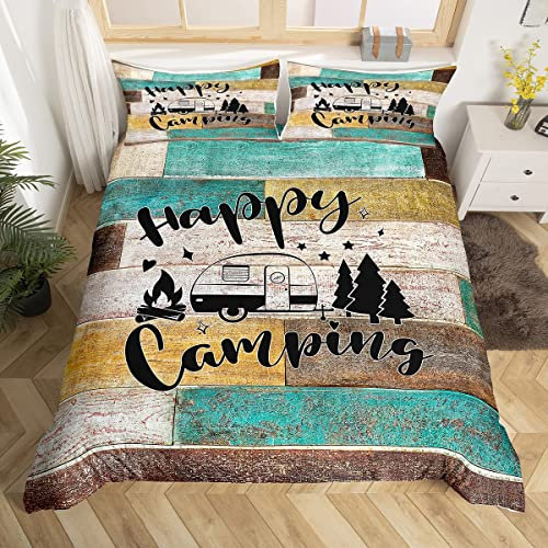 Glückliche Camping Auto Bettbezug Set S Größe,RV Camper Anhänger Dekor Bettwäsche Set Kinder Erwachsene,Vintage Holz Plank Kabine Tröster Abdeckung,Rustikale Bauernhaus Quilt Cover,1 Kissenbezug