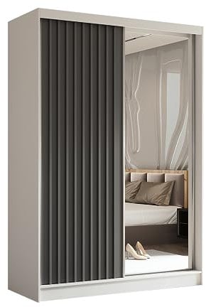 Margaret Hadas24 Kleiderschrank Erika mit Lamellen und Spiegel, Organizer, Mehrzweckschrank, Schwebetürenschrank, Garderobenschrank, Kleiderstange, Kleiderständer, Flurschrank, 150 cm, weiß, grau,