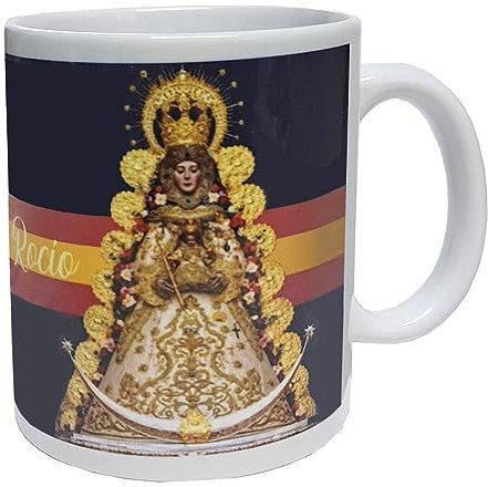Tiendas LGP - Taza Cerámica, Virgen del Rocio, Decorada con impresión fotográfica 3D, con Motivos de la Virgen del Rocio y Bandera de España