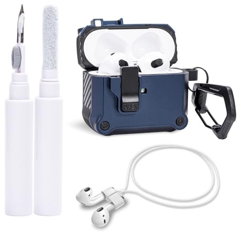 Airpods Case 3rd Generation Cover with Airpods Cleaning Kit & Magnetic Anti-lost Straps, Secure Lock Clip Full Body Shockproof Hard Shell Protection Case for Apple Airpod 3 Gen 2021, Front LED Visible
