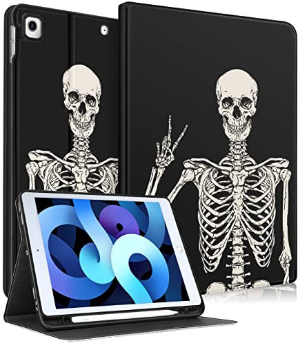 Pegmode Schutzhülle für iPad 9. / 8. / 7. Generation, niedlicher Totenkopf, Folio-Abdeckung, lustiges Skelett, für Mädchen, Jungen, Teenager, Gothic-Design, mit Stifthalter, Smart-Cover für Apple iPad