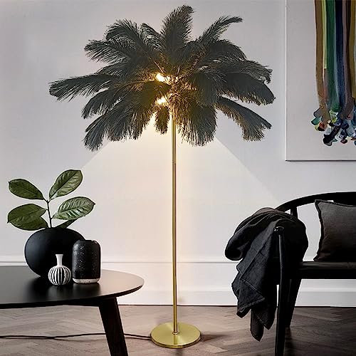 JAMCHE Black Floor Lamp for Living Room Feather Floor Lamp 3 Color Temperatures 1.6m Standing Lamp with Foot Switch Golden Lamp Body for Living Room Bedroom 6 Bulb (Black)