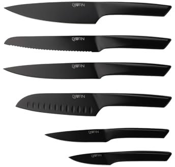 Björn, Set de Couteaux de Cuisine Jensen en Acier Inoxydable Finition Satinée. Couteau d'Office, Universel, Santoku, à Trancher, à Pain, Chef, Noir Mat, Compatible Lave-vaisselle