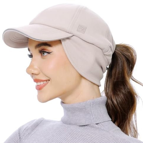 GADIEMKENSD Women's Fleece Ponytail Hat Reflective Winter Hat with Ear Flaps Cold Hat with Adjustable Headband and Drop Down Ear Warmers Ball Cap Beanie for Snowy Golf Skiing Hiking Running Khaki
