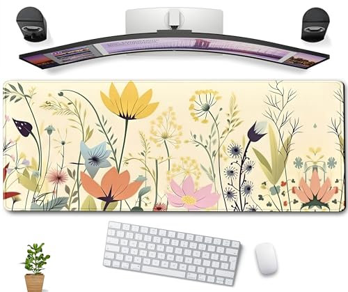 Tapis de souris à motif floral de bleuet, tapis de bureau à jolies fleurs jaunes, XL, grand tapis de souris étendu pour jeux vidéo mesurant 80 x 30 cm, tapis de souris artistique, pour ordinateur