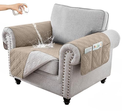 RAPRAP 100% Wasserdicht Sofa überzug 1 Sitzer, rutschfest Sofabezug mit Seitentaschen für Kinder, Haustiere, Hunde, Waschbare Sofaschoner,Khaki,1 Seater
