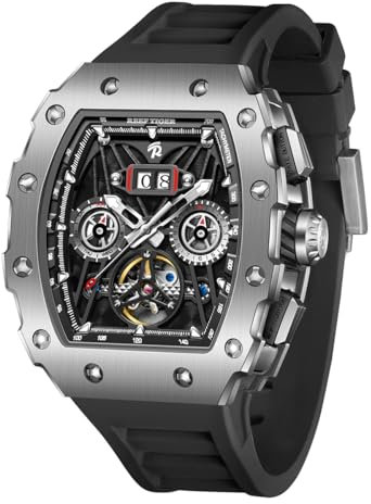 REEF TIGER Luxus Herren Tonneau Multifunktionale mechanische Uhr Selbstaufzug Automatik Gummi Armbanduhr für Männer RGA3009, Rga3009-ybb, Armband