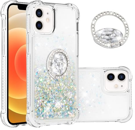 IMEIKONST iPhone 12 Glitter Case with Diamonds Ring Kickstand, Liquid Sparkle Sequin Transparent for Girls Women Silicone TPU Bumper Shockproof Cover for iPhone 12. Love Silver YBZ