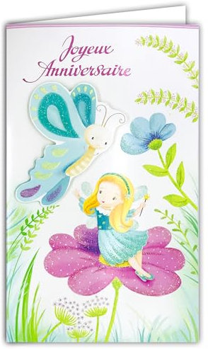 17-6051 Carte Porte-Billet avec Enveloppe Joyeux Anniversaire pour Enfant Petite Fille Fée Blonde Baguette Magique Ailes Fleurs Papillon Personnages Illustration Jeunesse - Fabriqué en Europe