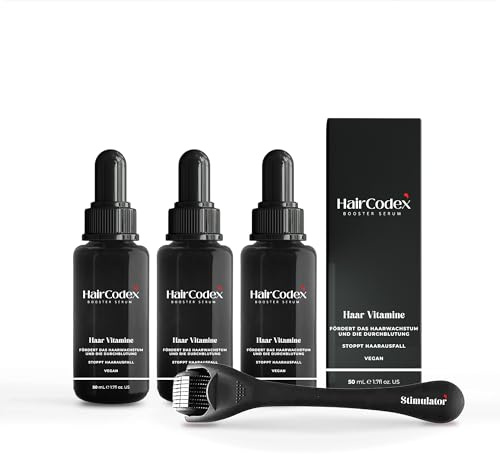 HairCodex Booster Serum 3x 50ML Haarwuchsmittel mit Biotin und Keratin, 1x HC Stimulator Dermaroller für Haare oder Bart, Erblich Bedingten Haarausfall, 150 ml