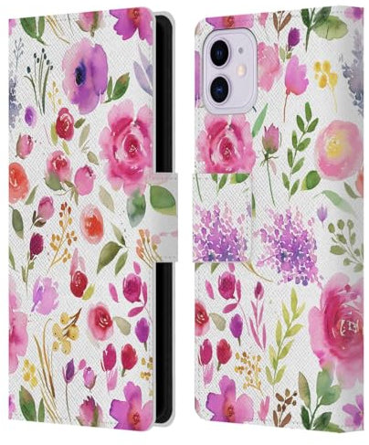 Head Case Designs Offizielle Ninola Rosen Violett Aquarell Künstlerische Blumen Leder-Wallet-Hülle Kompatibel mit Apple iPhone 11