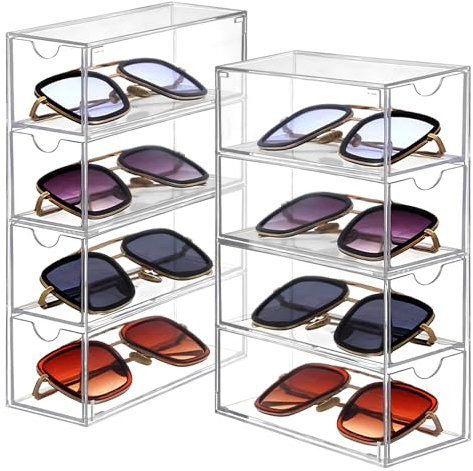 SHAIDOJIO 2 contenitori per occhiali da sole in acrilico, con 4 cassetti, 17,3 x 6,3 x 24,5 cm, impilabile, scatola per occhiali, orologi, cosmetici, gioielli