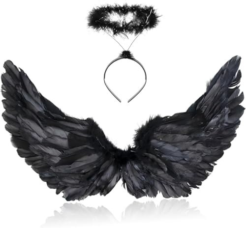 Sunshine smile 80CM Engelsflügel Schwarz mit Heiligenschein,Engel Flügel,Federflügel Engel,Engels Flügel Kostüm,Engel Flügel für Damen und Mädchen,Party Fasching Kostüme Deko,Kostümparty Verkleidung