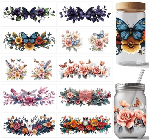 arricraft 10 Stück UV DTF Transferaufkleber Für Tassen 10 Stile Transferpapier Mit Blumen Und Schmetterlingen Aufkleber Mit Tier Und Pflanzenmotiv PVC Wasserfest Zum Aufbügeln Auf Tassen