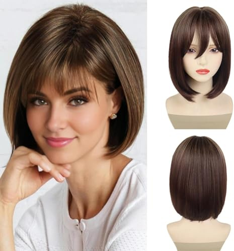 GNIMEGIL Braune Perücken für Damen, kurze Bob-Perücke mit Pony | Hirsch Anime, Cosplay, Kostüm, für Damen, Rollenspiel, täglicher Gebrauch,glatte Frisuren