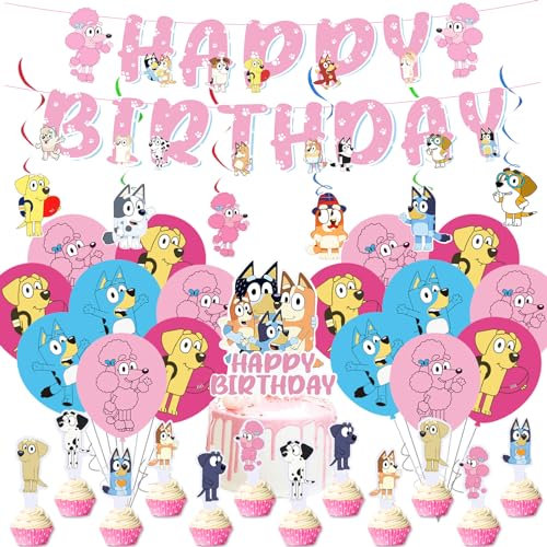 Bu1 38PCS Blue Birthday Decoration, Happy Birthday Banner, Balloons, Cake Topper, Dog Decorations for Kids Party Supplies