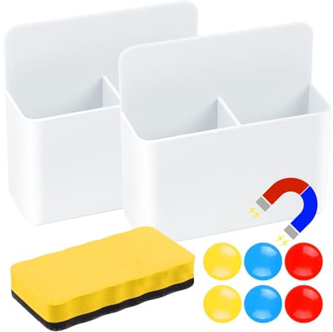 Keinlan 2Pcs Magnetic Pen Holder & Organizer for Whiteboard Office School, Strong Magnet Back Adjustable Marker Holder with Eraser, 6Pcs Magnets, Magnetic Pen Holder for Fridge - White