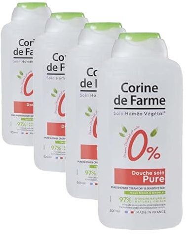 Corine de Farme - Douche Soin Pure 0%, Peaux Sèches et Sensibles - pH Neutre, Sans Savon ni Colorant, 14 Ingrédients, Clean Beauty - Fabriqué en France - 500 ml (Lot de 4)