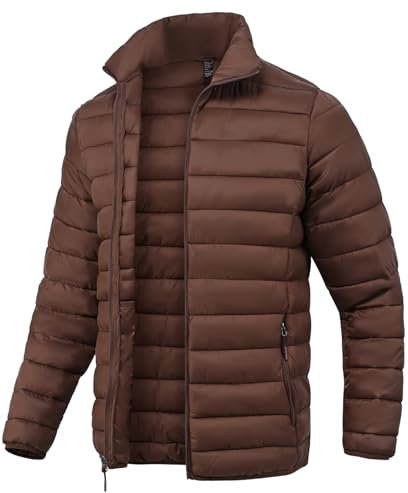 SPOSULEI Men Puffer Down Jacket Packable Lightweight Winter Jackets Coats Outdoor Waterproof Insulated Jackets, Brown, 3XL