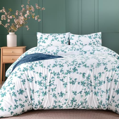 Utopia Bedding Double Duvet Cover with 2 Pillowcases 50x75 cm, Leaves Mint | Microfiber Bedding Quilt Cover Set with Pillowcases, Oeko-TEX Certified,Soft Breathable Comfort - Ideal for Home and Hotels