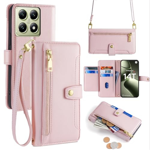 betterfon Handykette kompatibel mit Xiaomi 14T | Leder Handyhülle mit Kartenfächern | Handyhülle zum Umhängen | Rosa