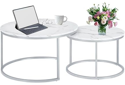 Xisilla Couchtisch Rund-Set (2-teilig) Couchtisch Marmor Zwei-in-eins, geeignet für Wohnzimmer, Lounge, Home Office und Terrassen Silber ⌀80cm und ⌀60cm