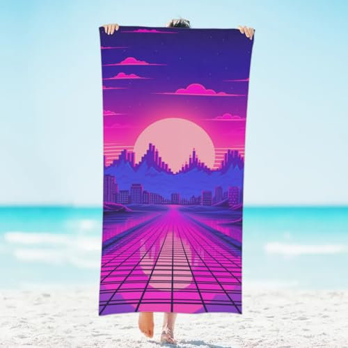 ducanll Set di 2 asciugamani da spiaggia in microfibra viola, oversize, ad asciugatura rapida, senza sabbia, astratto, paesaggio urbano, viaggio, telo da spiaggia, extra large, asciugamani da bagno