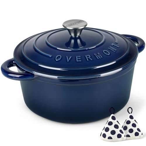 Overmont 26cm/5.2L Enamelled Cast Iron Round Casserole Dish With Lid,5.5QT, Cookbook -Non-stick Dutch Oven for Braising, Stews, Roasting, Bread Baking -Indigo