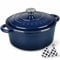Overmont 26cm/5.2L Enamelled Cast Iron Round Casserole Dish With Lid,5.5QT, Cookbook -Non-stick Dutch Oven for Braising, Stews, Roasting, Bread Baking -Indigo
