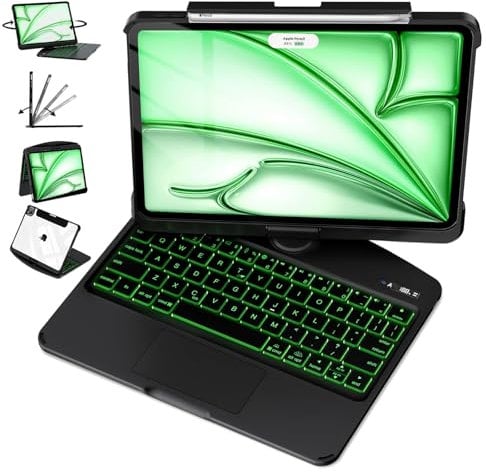 MAYDORHER For iPad13 Inch Air Keyboard Case (M3-2025, M2-2024), Unique Cyberpunk High-tech 360° Rotating Style with Pressure Reduction Sound Effect for iPad Pro 6/5/4/3 12.9, Black