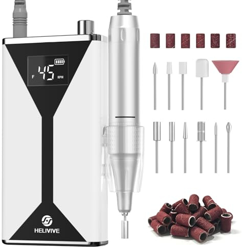 HELIVIVE Taladro de uñas eléctrico profesional de 45000 RPM inalámbrico | Portátil y recargable, 11 brocas, para moldear, pulir y quitar uñas de gel para salón de belleza y hogar (blanco)
