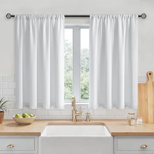 MRTREES Kurze Vorhänge Weiss Blickdicht Vorhang Küchenfenster Wasserabweisend Bistrogardine 2er H 120 x B 60 cm Scheibengardinen Weiß mit Stangendurchzug für Wohnzimmer Modern Küche Kurz Fenster