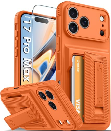 Oterkin for iPhone 17 Pro Max Case with Card Holder & Stand, Orange 6.9 | 4-5 Cards, RFID Blocking Wallet, Full Camera Protection, Built-in Kickstand | Military Grade Phone Case for iPhone 17 Pro Max