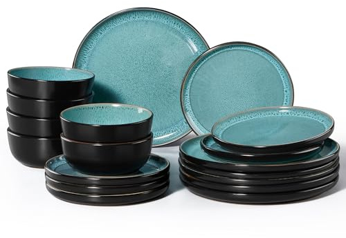 HaWare Geschirrset 6 Personen, 18-tlg Steingut Geschirr Teller Set Reaktive Glasur Tafelservice Set mit Speiseteller Dessertteller und Müslischüsseln, Mikrowellen- und Spülmaschinenfest, Türkis