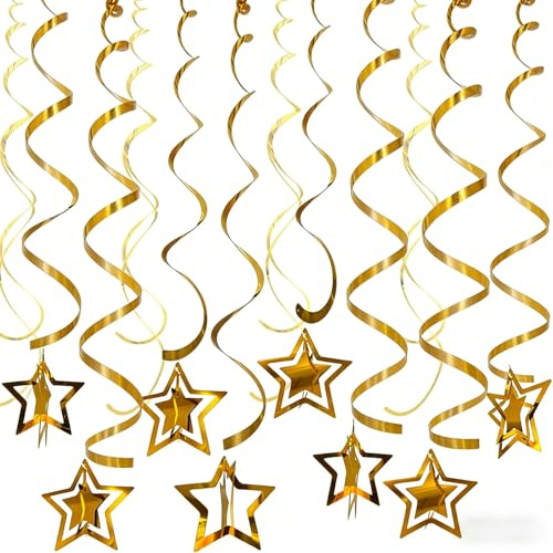 20Pcs Gold Star Party Decorations, Hanging Reflective Swirls Star Tassel Garlands, Gold Streamers Tassel Bunting Ceiling Centre Supplies for Birthdays Graduations Weddings Parties Decorations