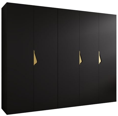 MEBLE KRYSPOL - Kleiderschrank - Garderobenschrank - 250 cm x 202 x 52 cm - Schrank mit Kleiderstange, 5 Türen - für Schlafzimmer, Flur - SANDI, Schwarz, Griff Gold