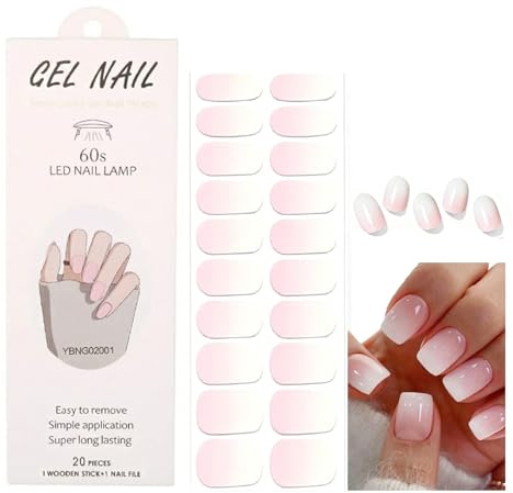 Semi Cured Gel Nail Strips, 20Pcs Gradient Pink Gel Nail Stickers for Women, Pink & White Ombre French Tip Nail Wraps, UV Light Required, Easy Apply Salon Finish, DIY Nail Art Kit